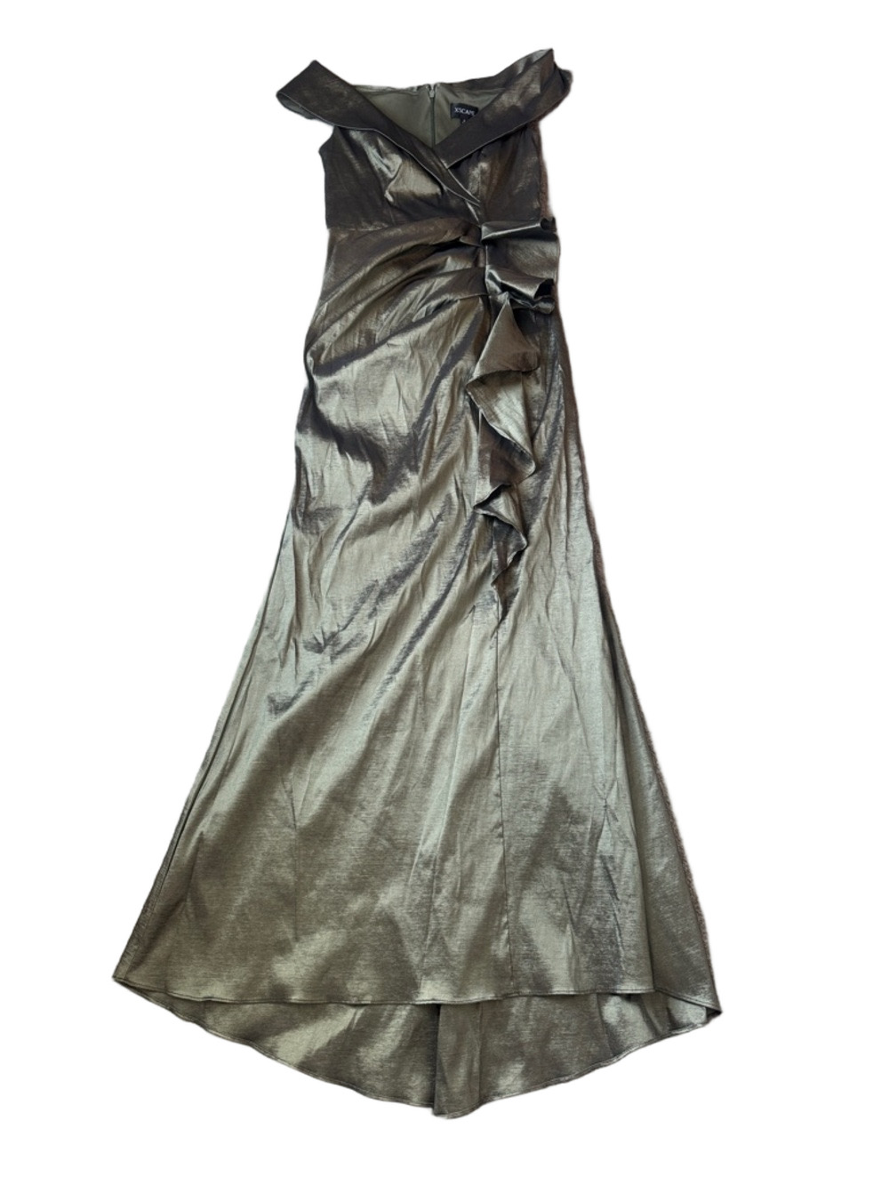Xscape Olive Green Formal Gown Off Shoulder Ruched Satin Evening Dress SIZE 6